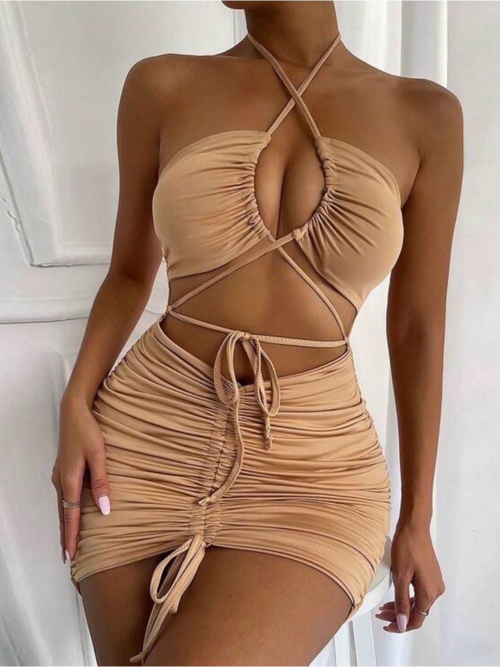 SHEIN Nude-Tan Ruched Cutout Halter Mini Dress